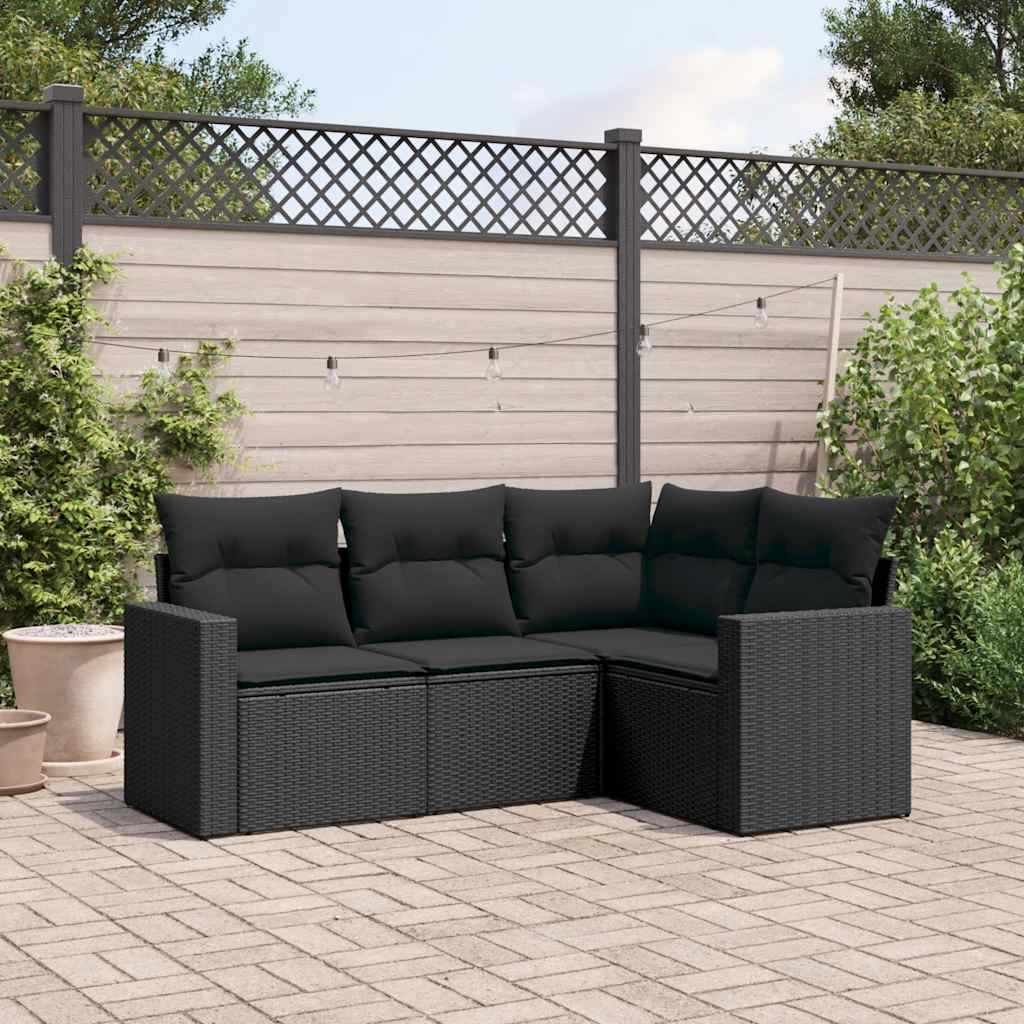 4-delige Loungeset met kussens poly rattan zwart – afbeelding 1