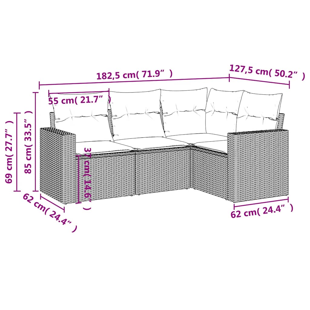 4-delige Loungeset met kussens poly rattan zwart – afbeelding 7