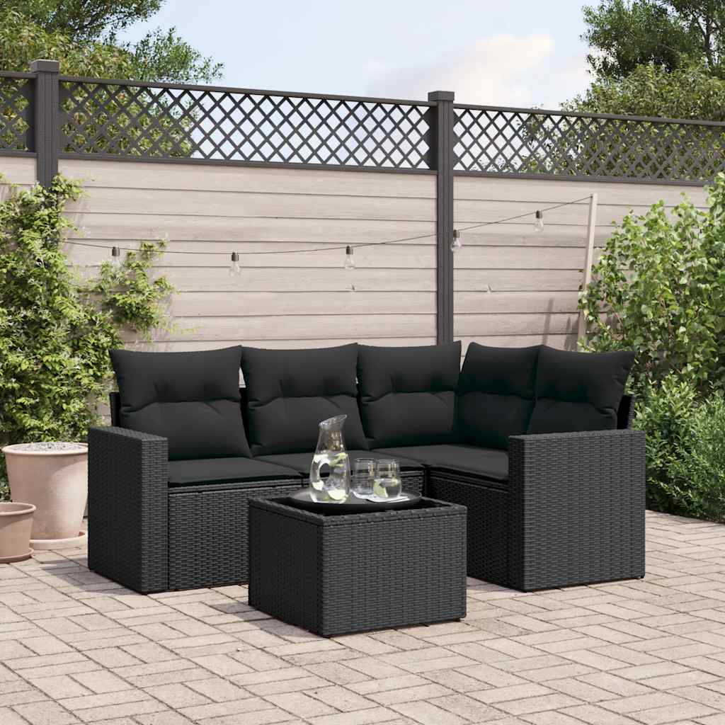 5-delige Loungeset met kussens poly rattan zwart – afbeelding 1