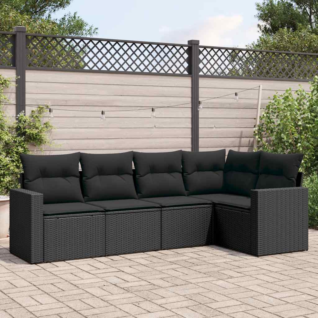 5-delige Loungeset met kussens poly rattan zwart – afbeelding 1