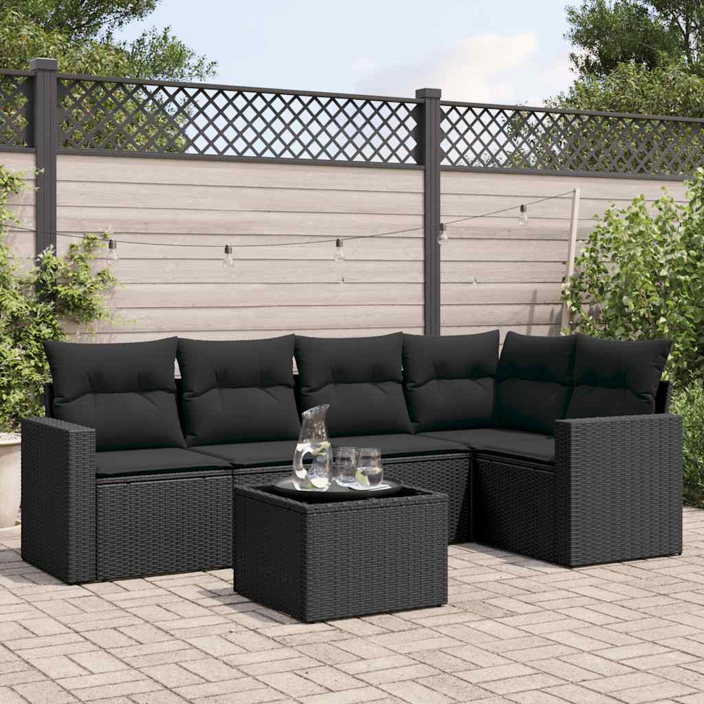 6-delige Loungeset met kussens poly rattan zwart – afbeelding 1