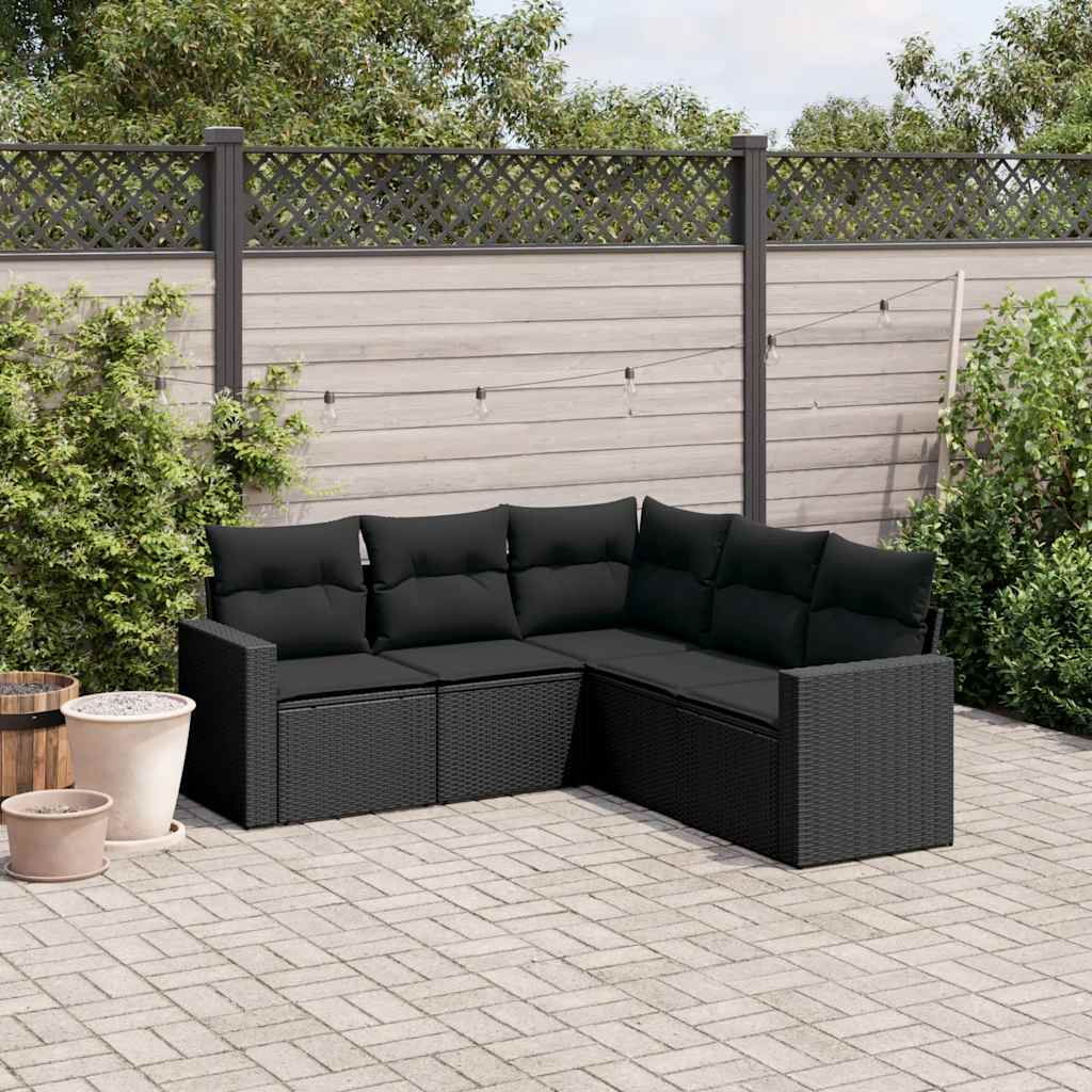 5-delige Loungeset met kussens poly rattan zwart – afbeelding 1