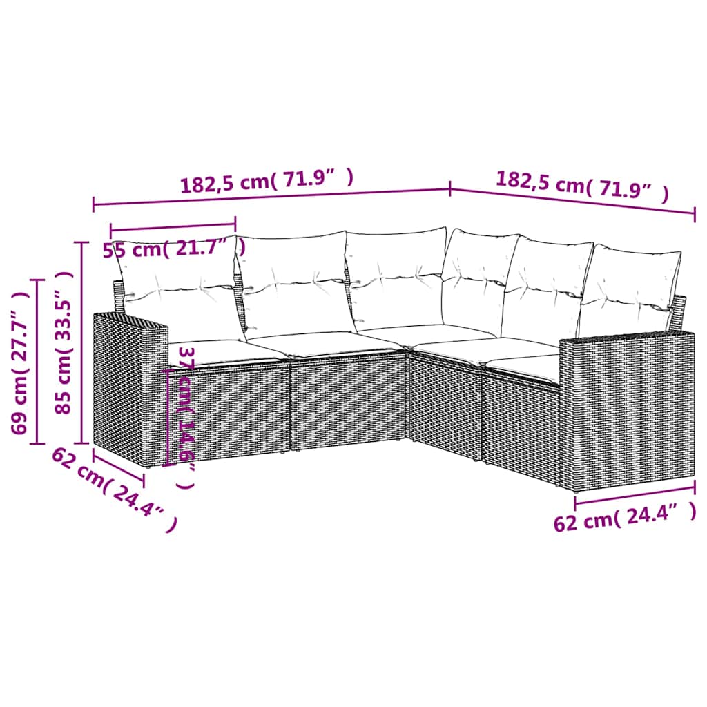 5-delige Loungeset met kussens poly rattan zwart – afbeelding 7