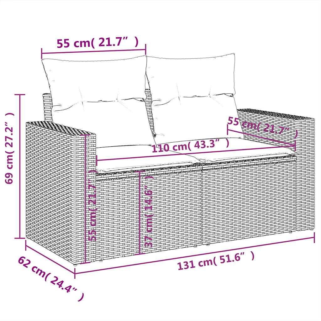 5-delige Loungeset met kussens poly rattan zwart – afbeelding 9