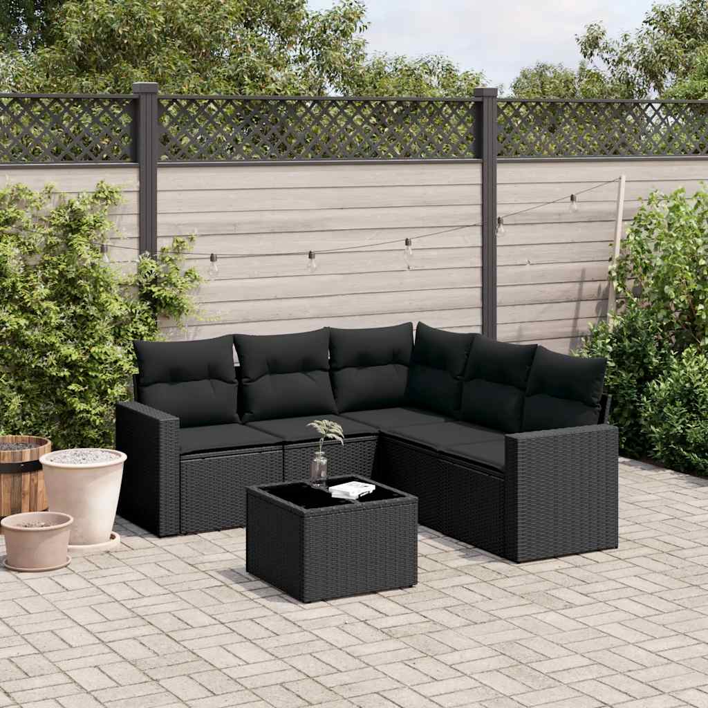 6-delige Loungeset met kussens poly rattan zwart – afbeelding 1