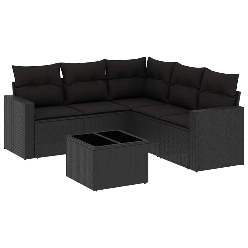 6-delige Loungeset met kussens poly rattan zwart – afbeelding 2