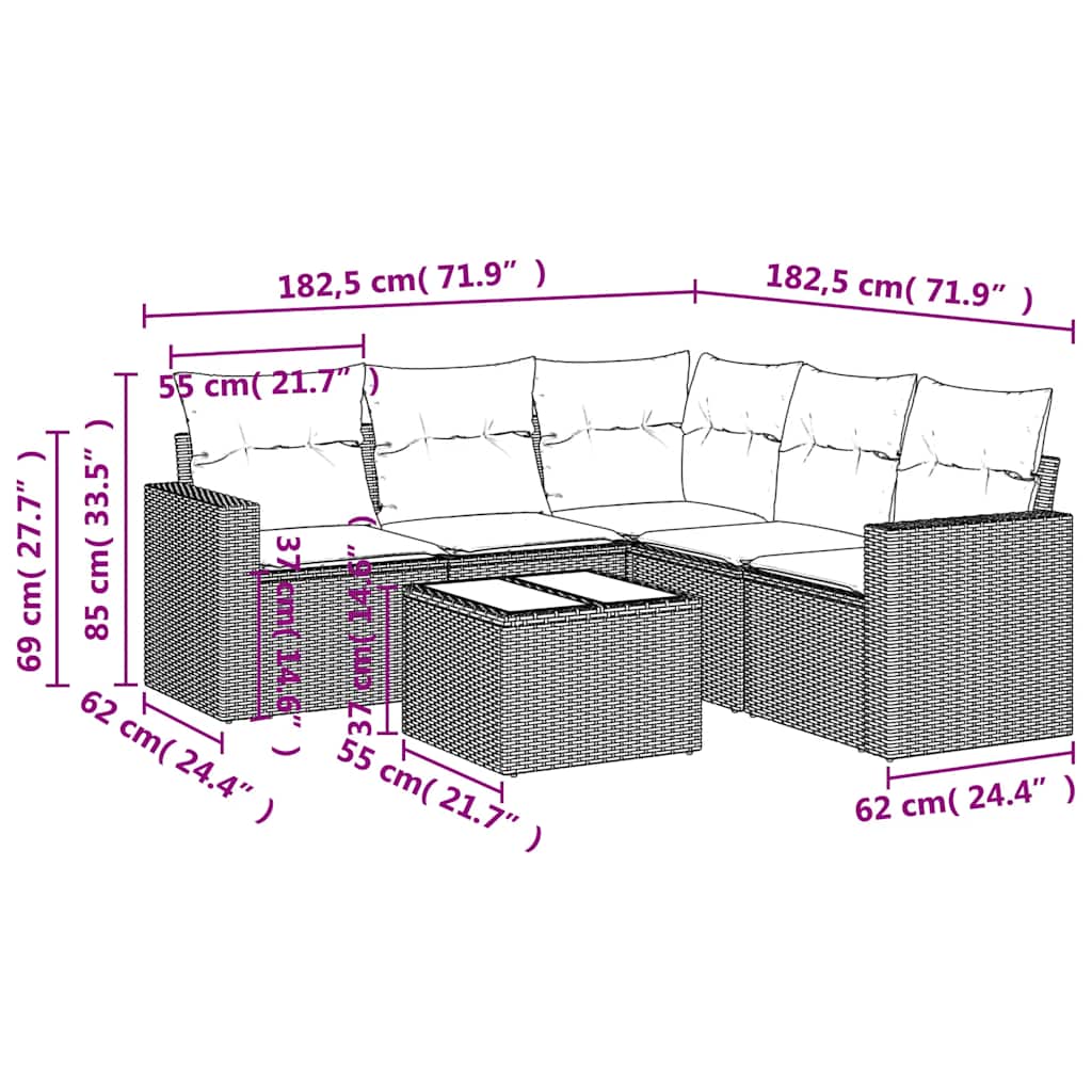 6-delige Loungeset met kussens poly rattan zwart – afbeelding 8