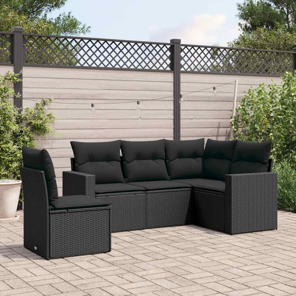 5-delige Loungeset met kussens poly rattan zwart – afbeelding 1