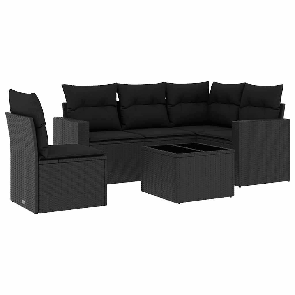 6-delige Loungeset met kussens poly rattan zwart – afbeelding 2