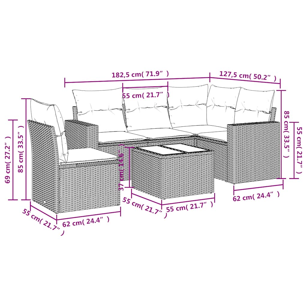 6-delige Loungeset met kussens poly rattan zwart – afbeelding 3