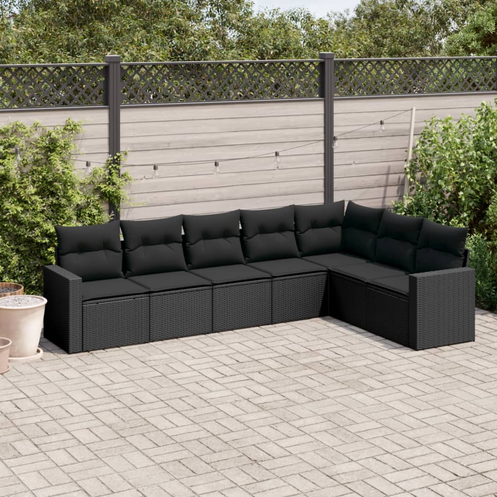 7-delige Loungeset met kussens poly rattan zwart – afbeelding 1