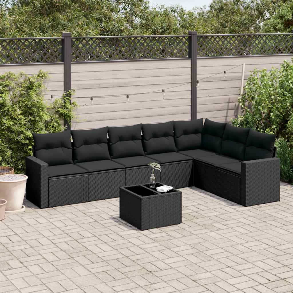 8-delige Loungeset met kussens poly rattan zwart – afbeelding 1