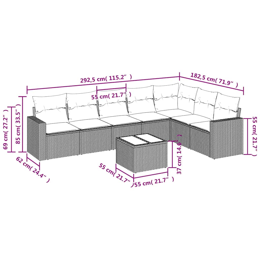 8-delige Loungeset met kussens poly rattan zwart – afbeelding 3