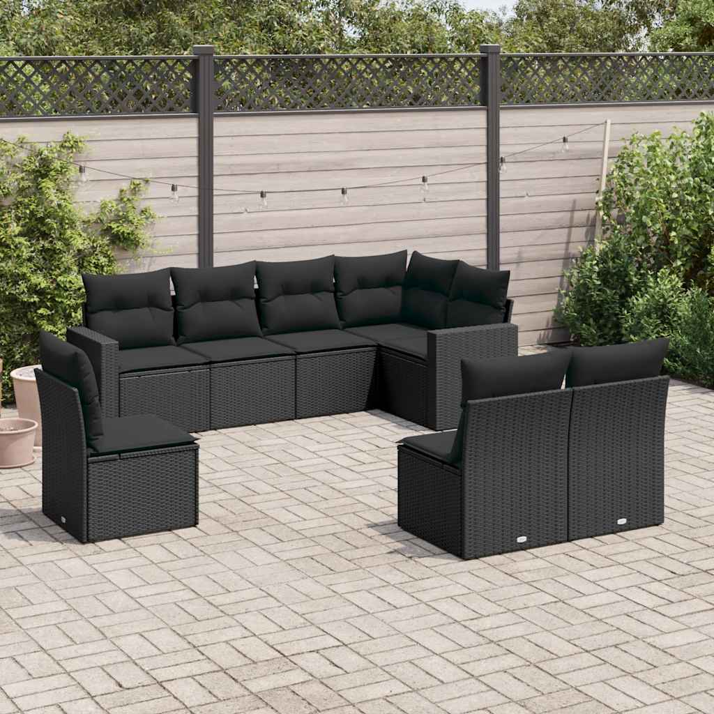 8-delige Loungeset met kussens poly rattan zwart – afbeelding 1