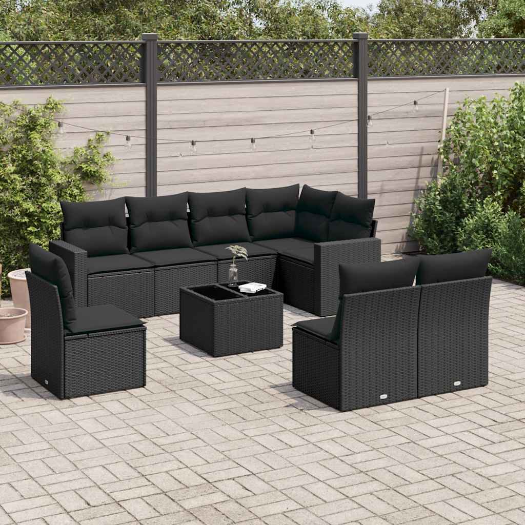 9-delige Loungeset met kussens poly rattan zwart – afbeelding 1
