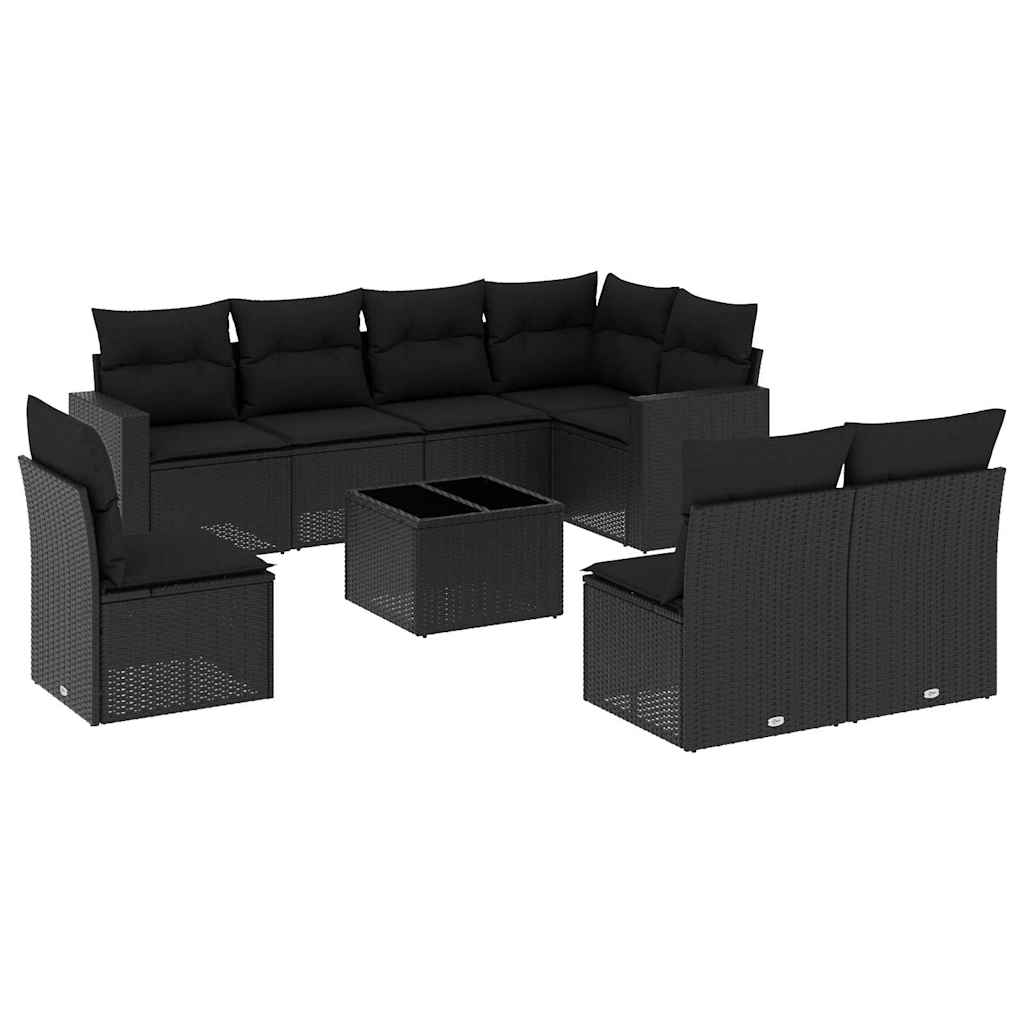 9-delige Loungeset met kussens poly rattan zwart – afbeelding 2