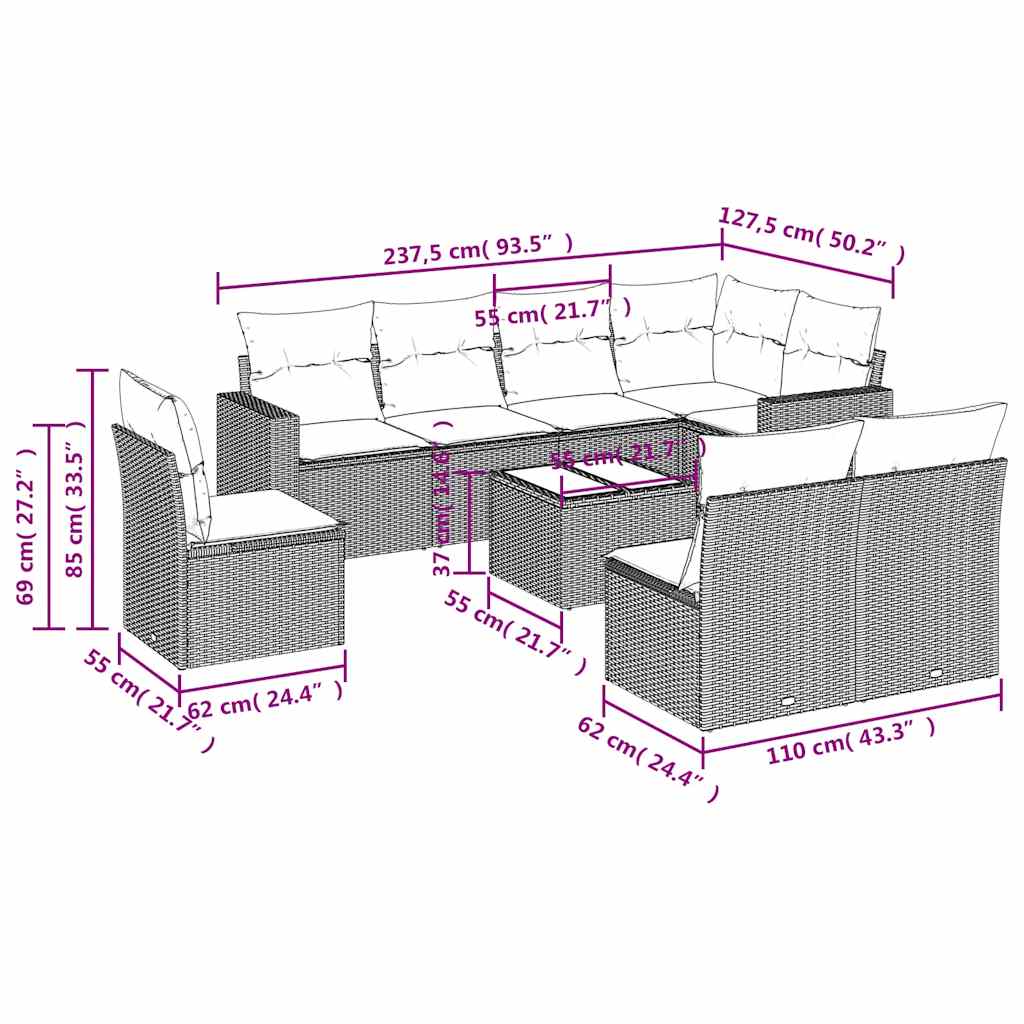 9-delige Loungeset met kussens poly rattan zwart – afbeelding 3