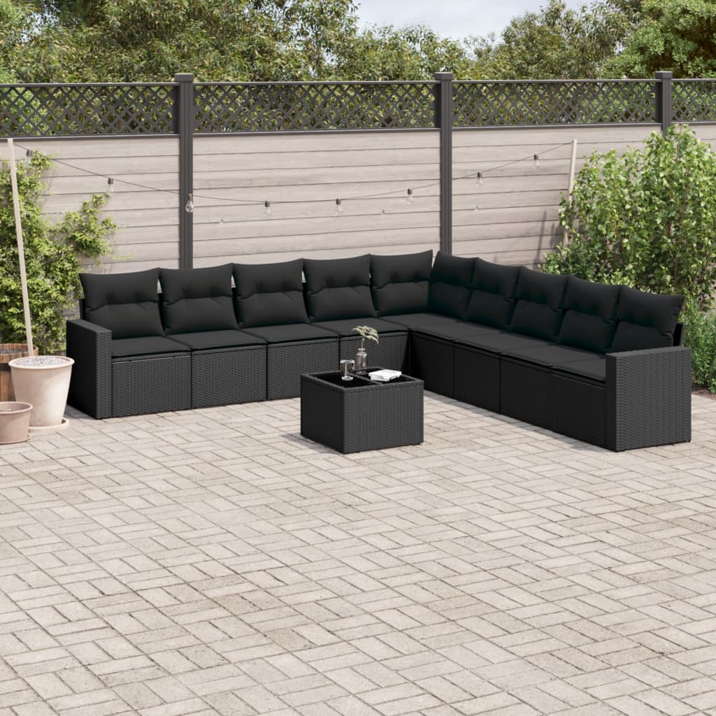 10-delige Loungeset met kussens poly rattan zwart – afbeelding 1