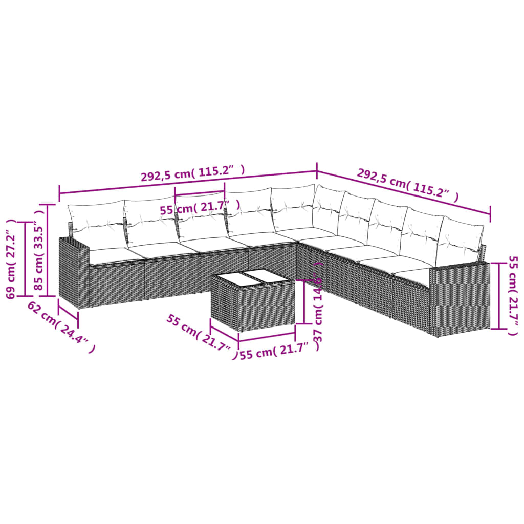 10-delige Loungeset met kussens poly rattan zwart – afbeelding 3