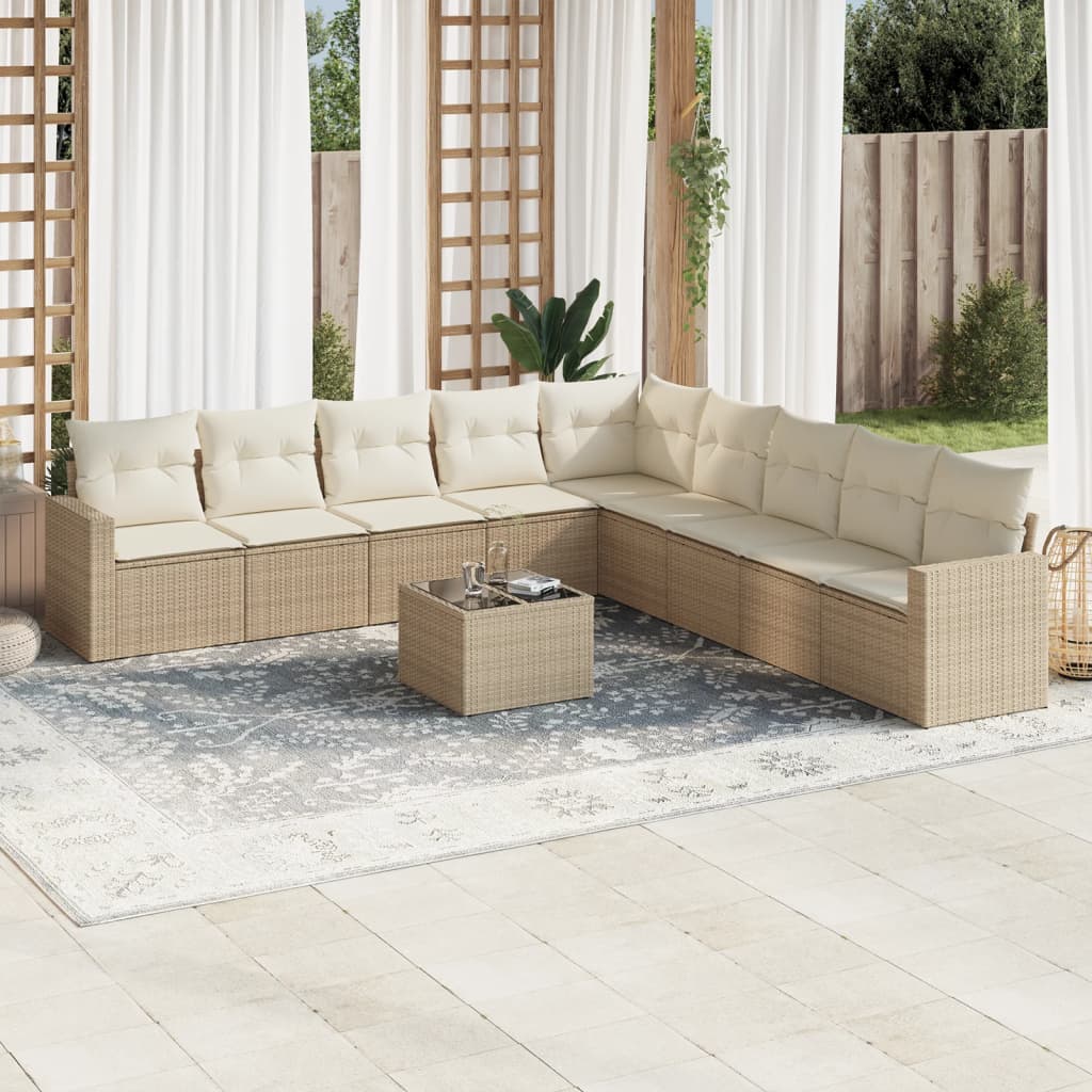 10-delige Loungeset met kussens poly rattan beige – afbeelding 1