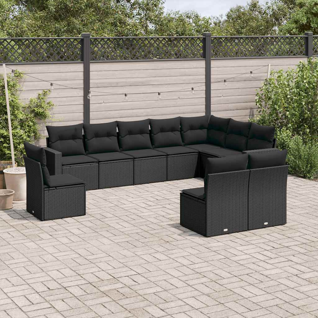 10-delige Loungeset met kussens poly rattan zwart – afbeelding 1