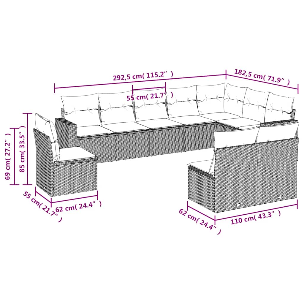10-delige Loungeset met kussens poly rattan zwart – afbeelding 3