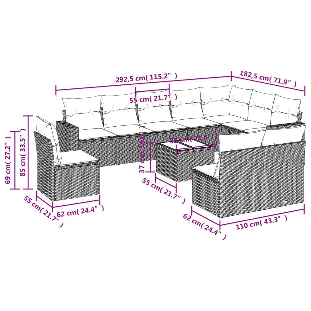 11-delige Loungeset met kussens poly rattan zwart – afbeelding 3