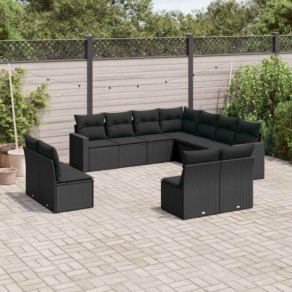 11-delige Loungeset met kussens poly rattan zwart – afbeelding 1