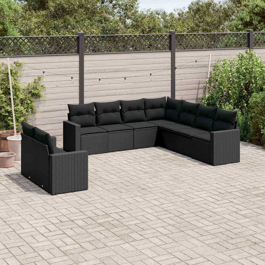 9-delige Loungeset met kussens poly rattan zwart – afbeelding 1