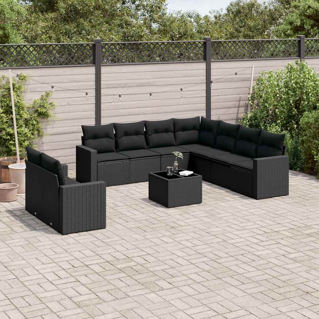 10-delige Loungeset met kussens poly rattan zwart – afbeelding 1