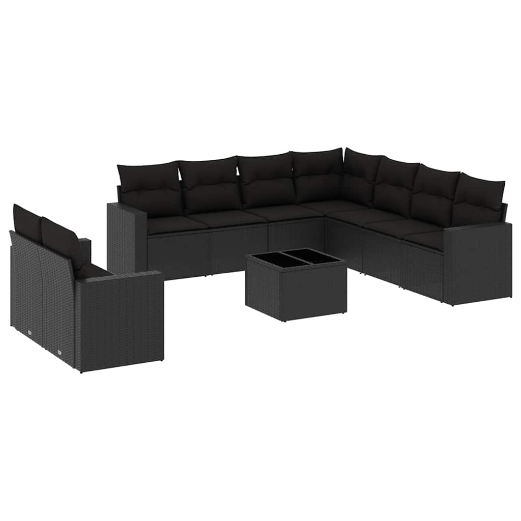 10-delige Loungeset met kussens poly rattan zwart – afbeelding 2