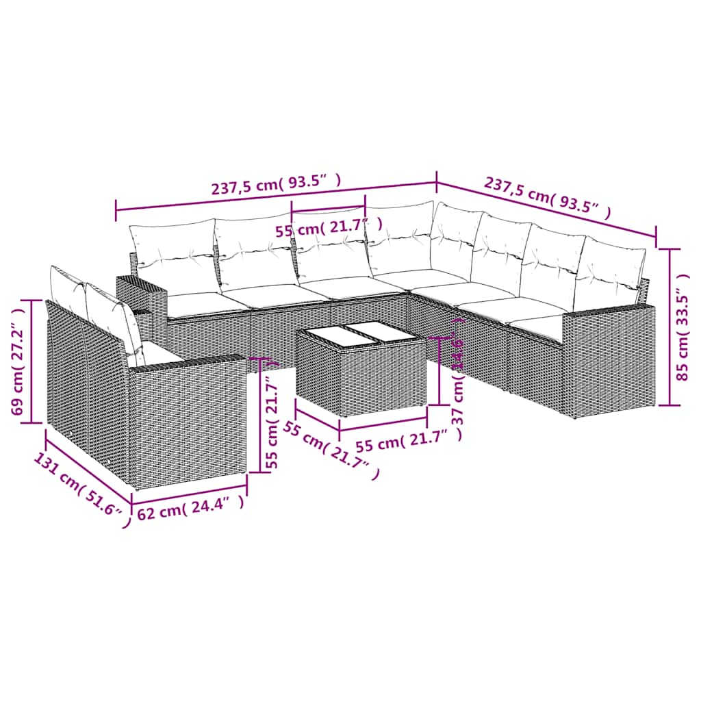 10-delige Loungeset met kussens poly rattan zwart – afbeelding 3