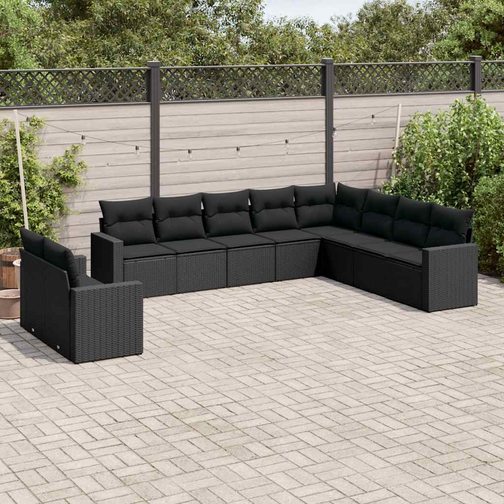 10-delige Loungeset met kussens poly rattan zwart – afbeelding 1