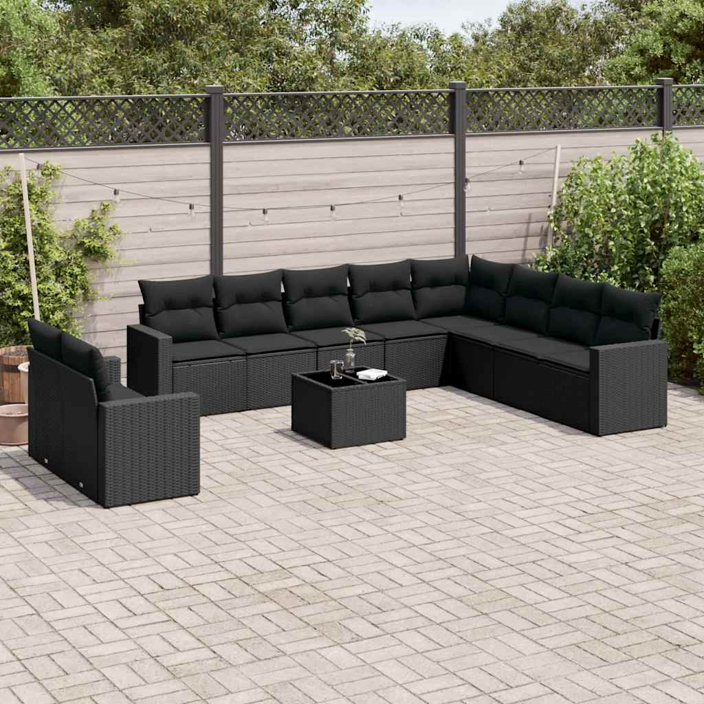 11-delige Loungeset met kussens poly rattan zwart – afbeelding 1