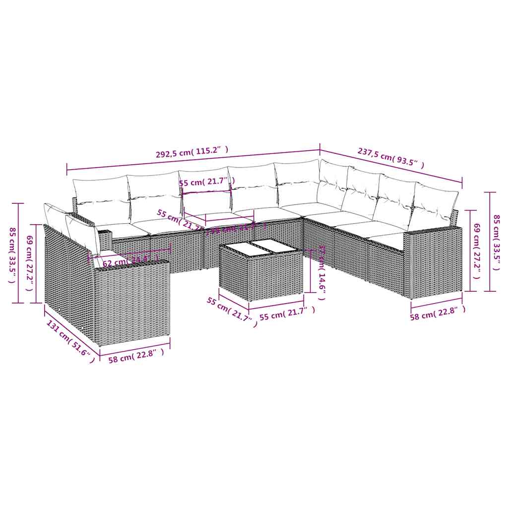 11-delige Loungeset met kussens poly rattan zwart – afbeelding 3