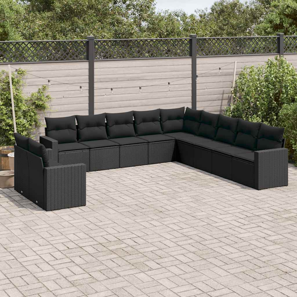 11-delige Loungeset met kussens poly rattan zwart – afbeelding 1