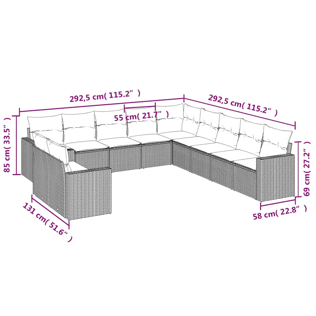 11-delige Loungeset met kussens poly rattan zwart – afbeelding 3