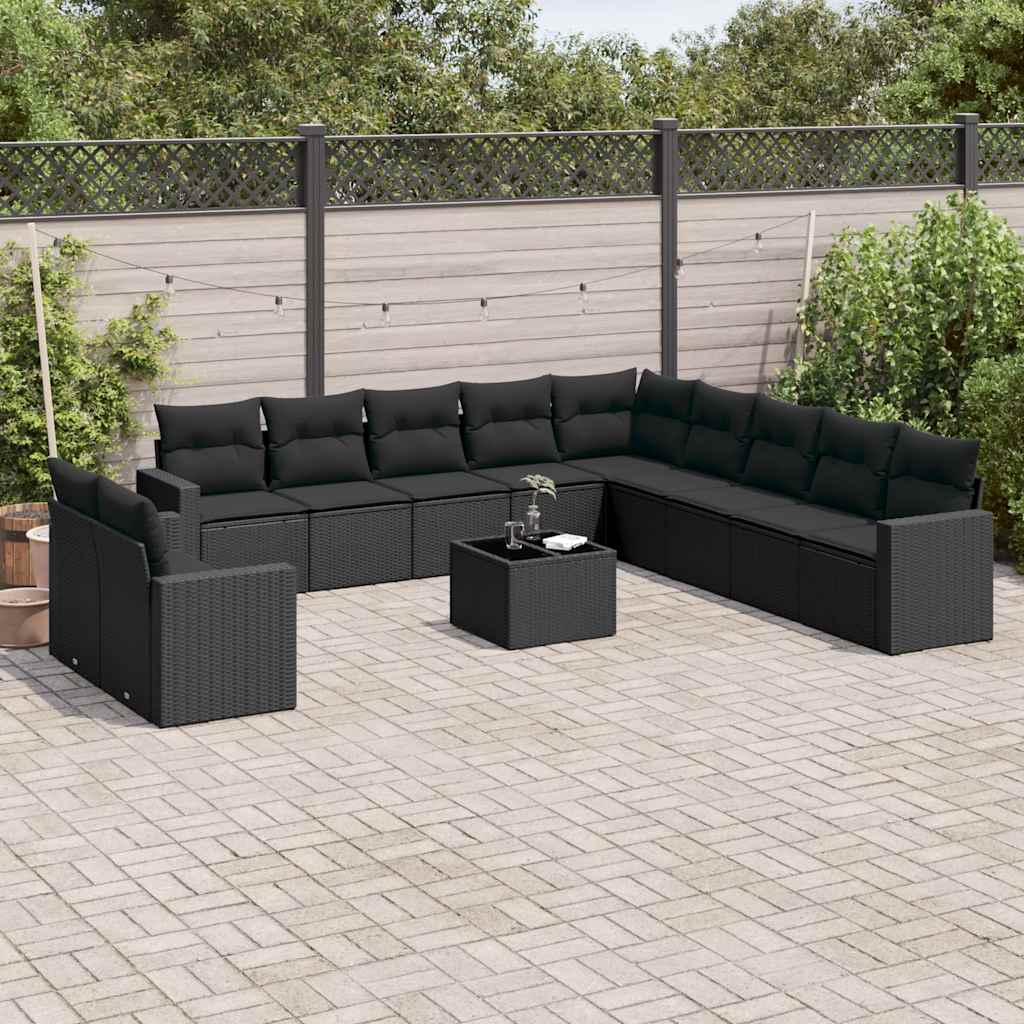 12-delige Loungeset met kussens poly rattan zwart – afbeelding 1