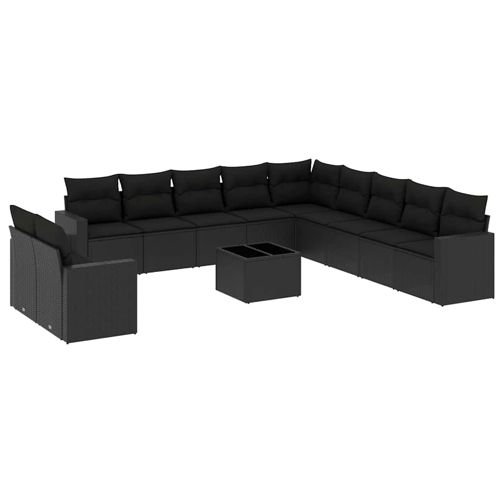 12-delige Loungeset met kussens poly rattan zwart – afbeelding 2