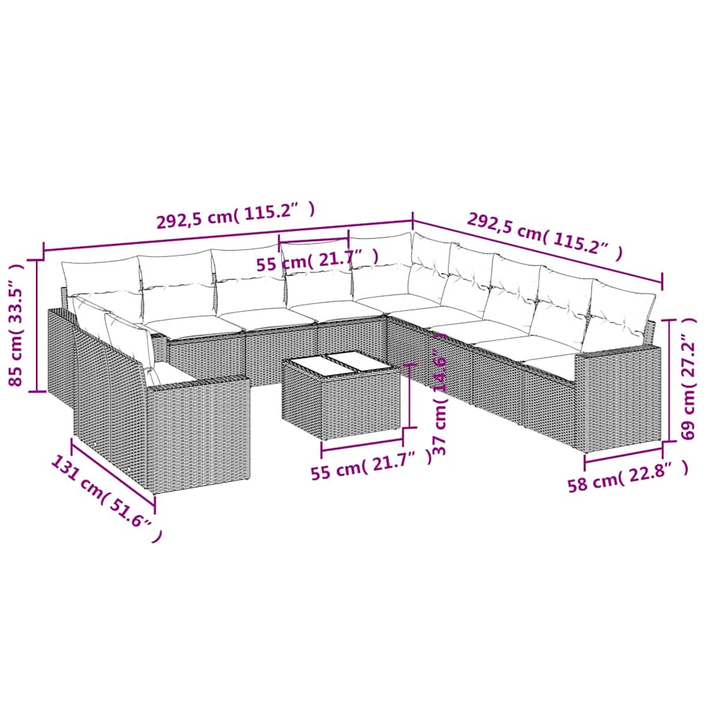 12-delige Loungeset met kussens poly rattan zwart – afbeelding 3