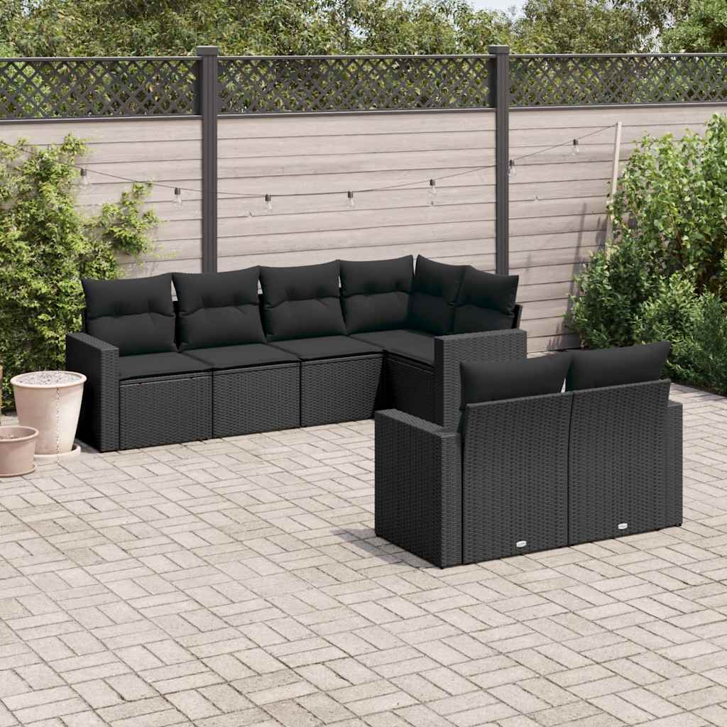 7-delige Loungeset met kussens poly rattan zwart – afbeelding 1