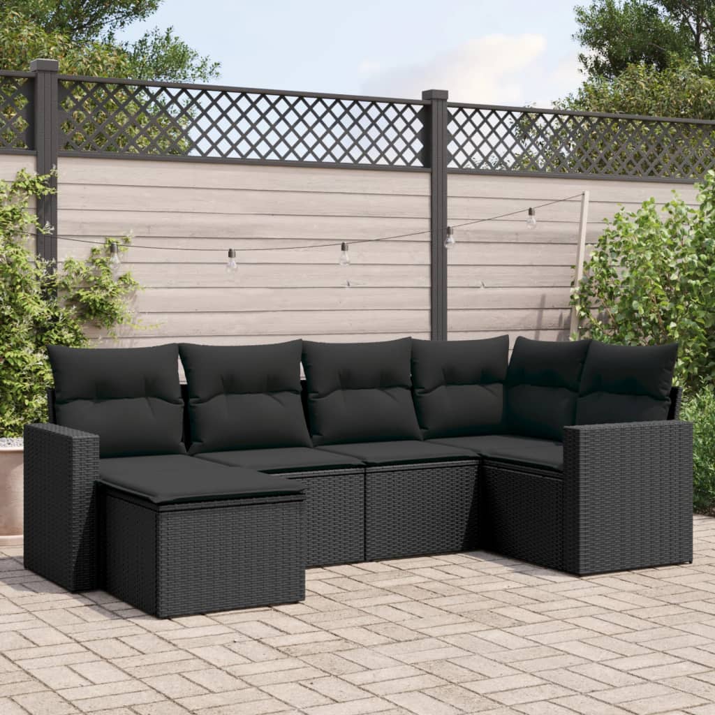 6-delige Loungeset met kussens poly rattan zwart – afbeelding 1