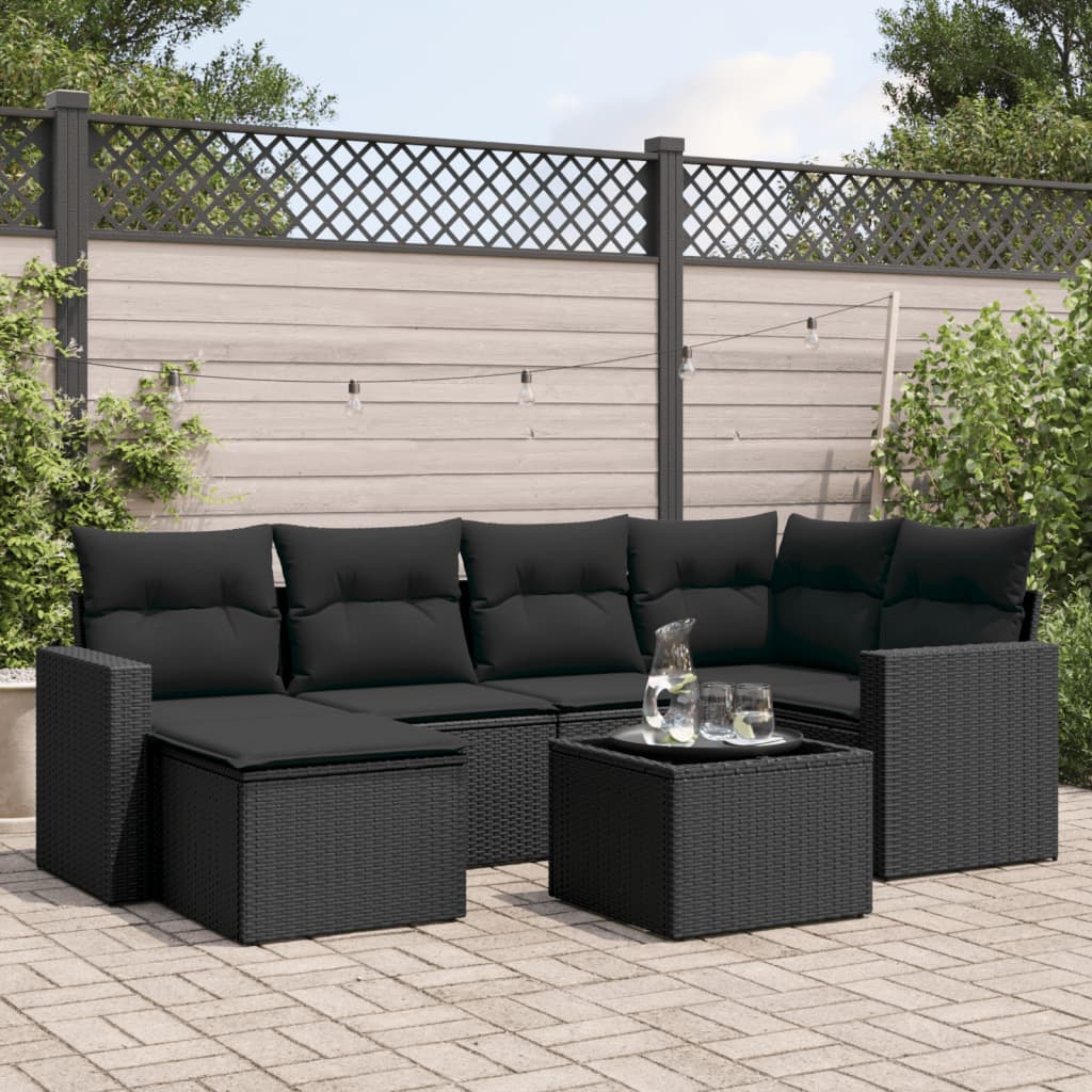 7-delige Loungeset met kussens poly rattan zwart – afbeelding 1