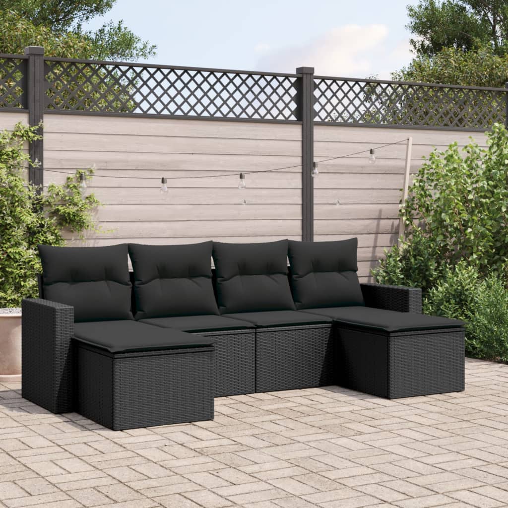 6-delige Loungeset met kussens poly rattan zwart – afbeelding 1