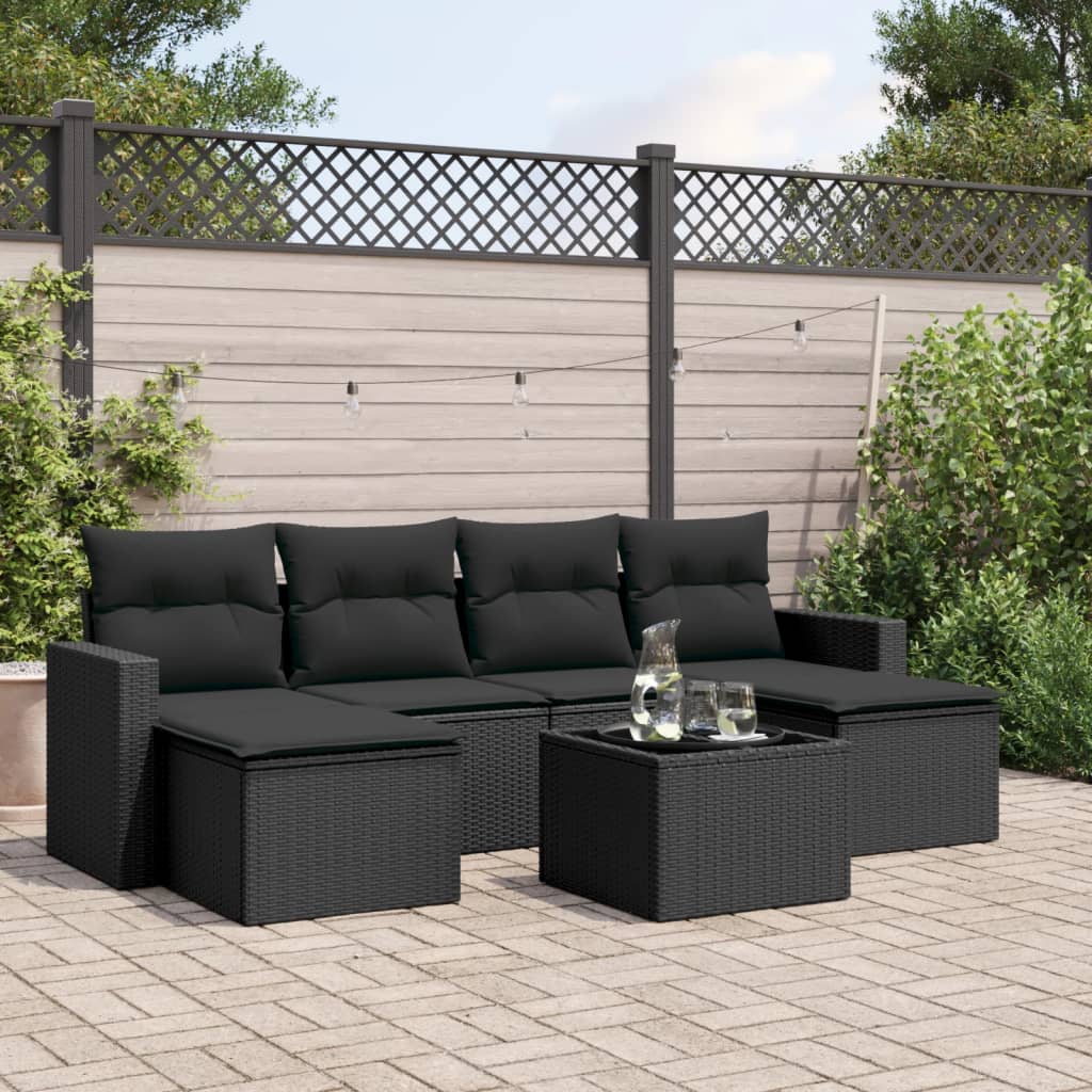 7-delige Loungeset met kussens poly rattan zwart – afbeelding 1