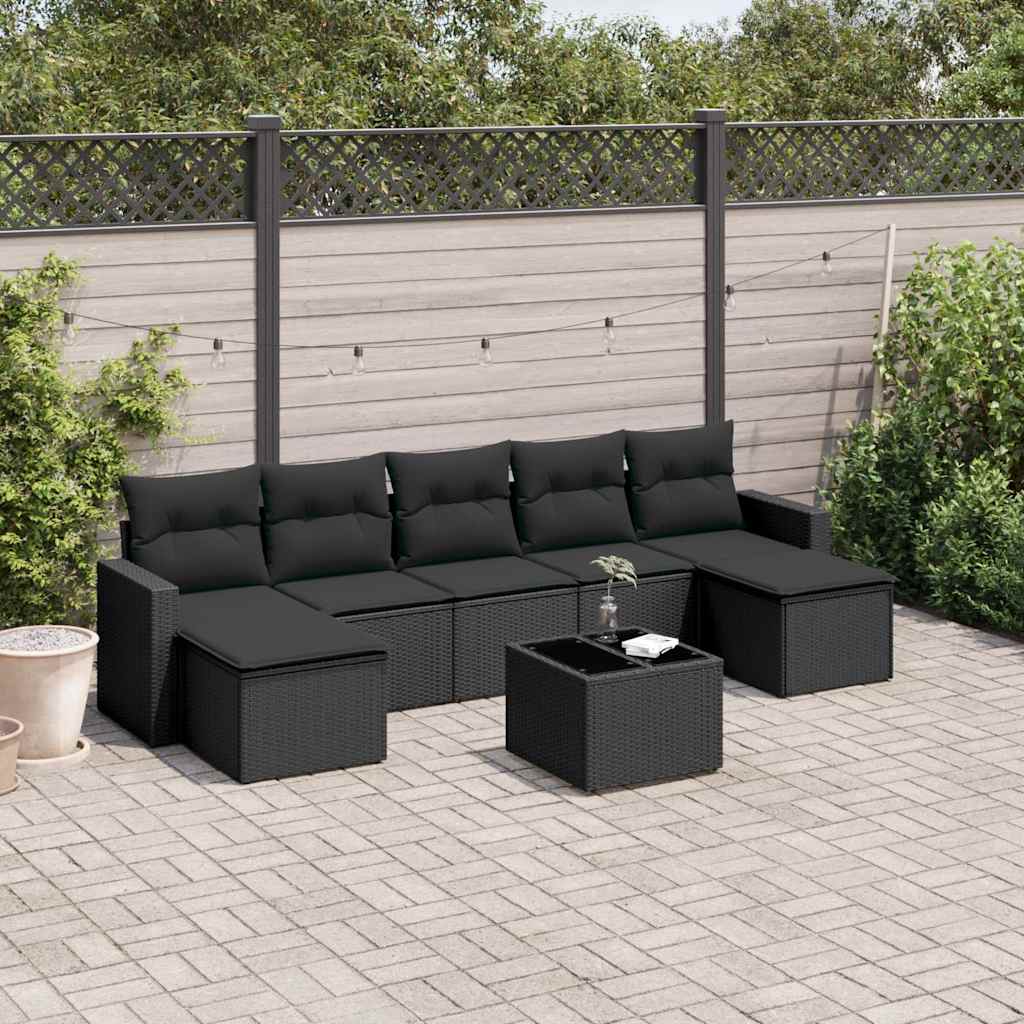 8-delige Loungeset met kussens poly rattan zwart – afbeelding 1