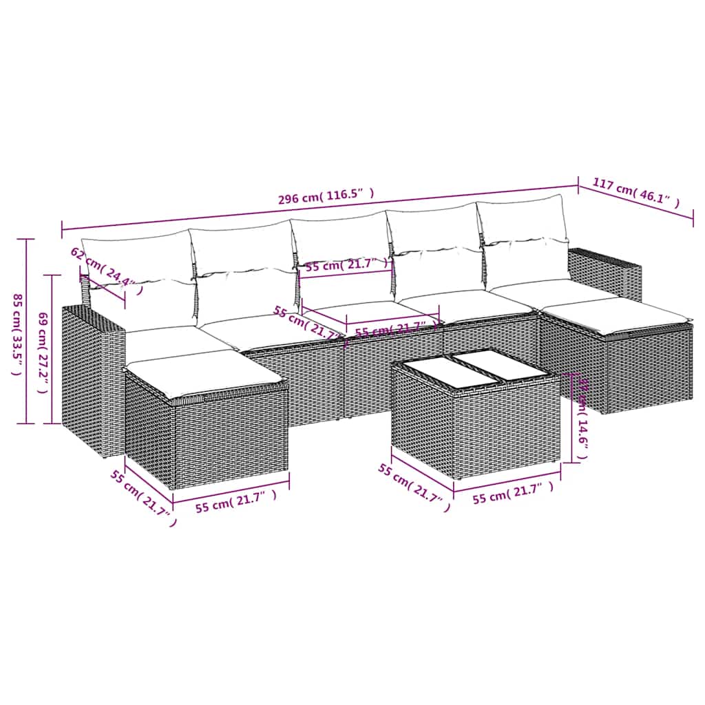 8-delige Loungeset met kussens poly rattan zwart – afbeelding 3