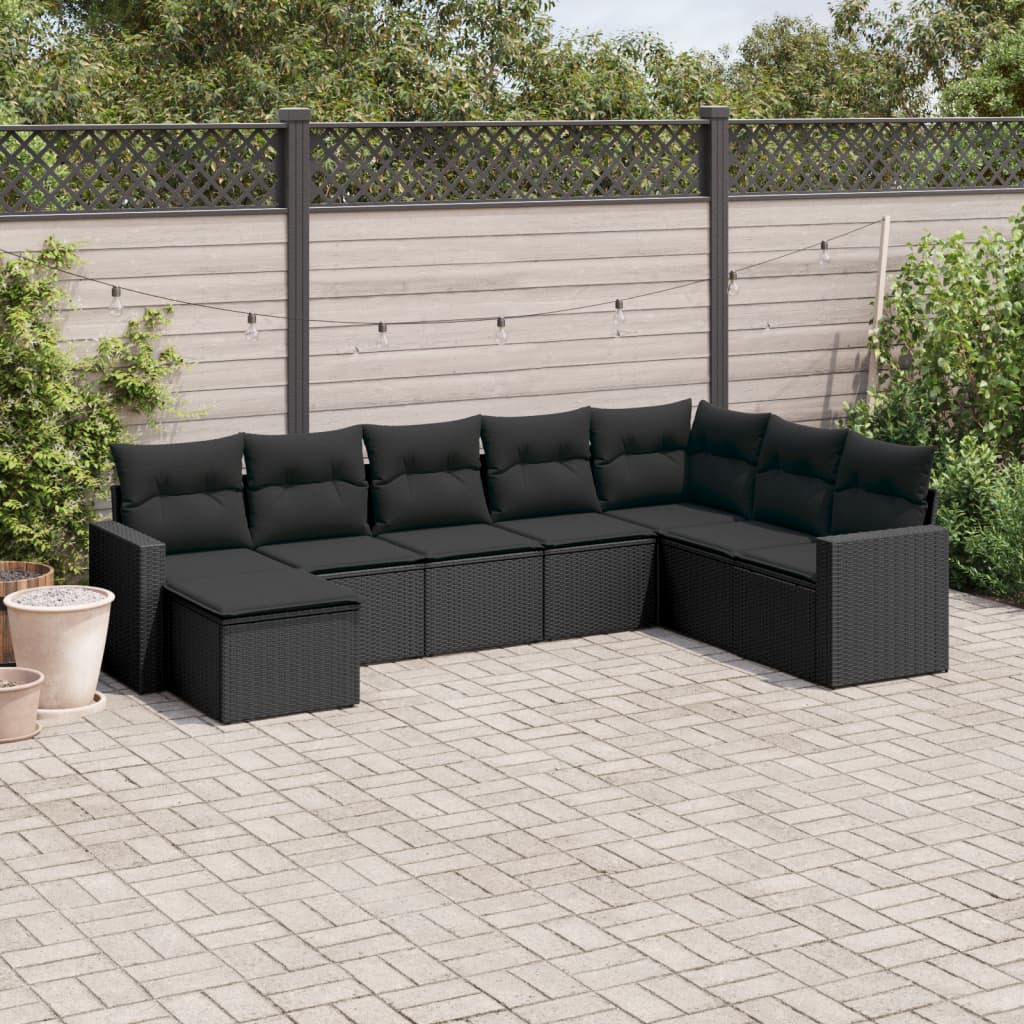 8-delige Loungeset met kussens poly rattan zwart – afbeelding 1