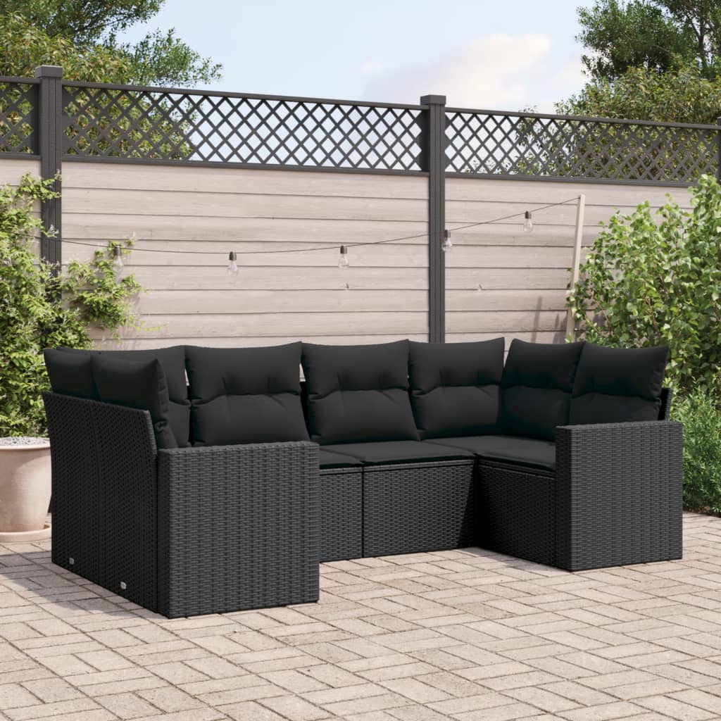 6-delige Loungeset met kussens poly rattan zwart – afbeelding 1