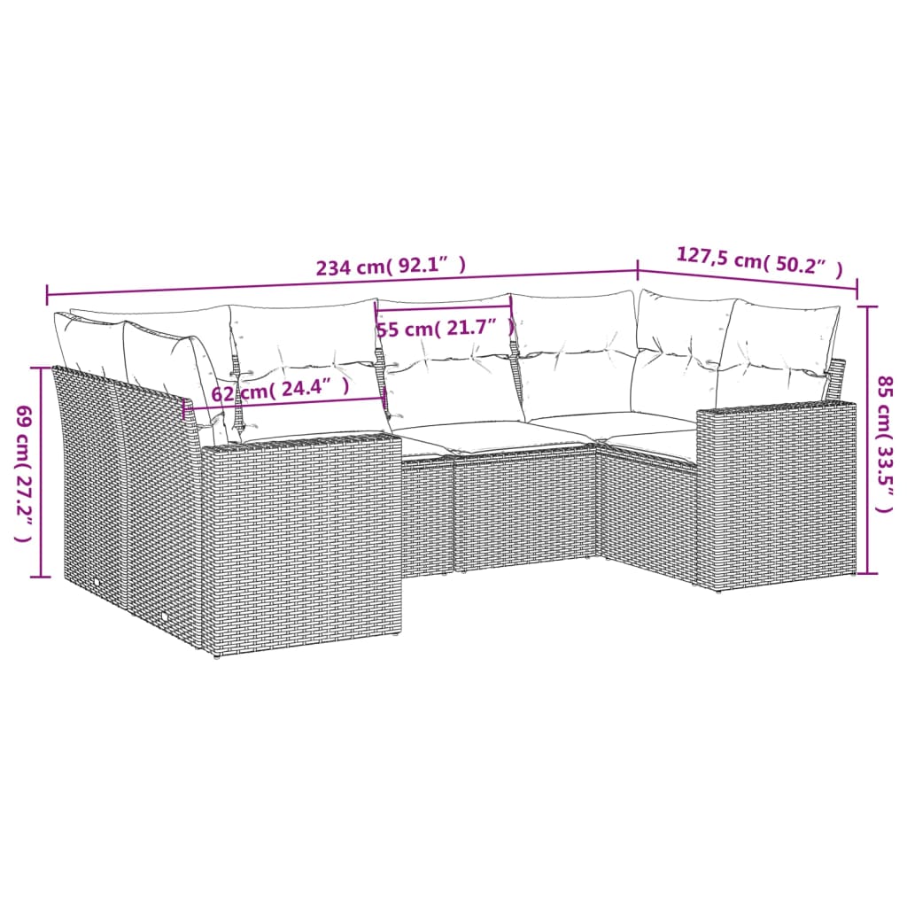 6-delige Loungeset met kussens poly rattan zwart – afbeelding 3